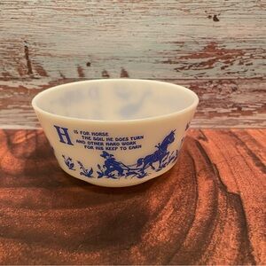 Vintage Hazel Atlas child children’s bowl blue & white horse, goose, donkey